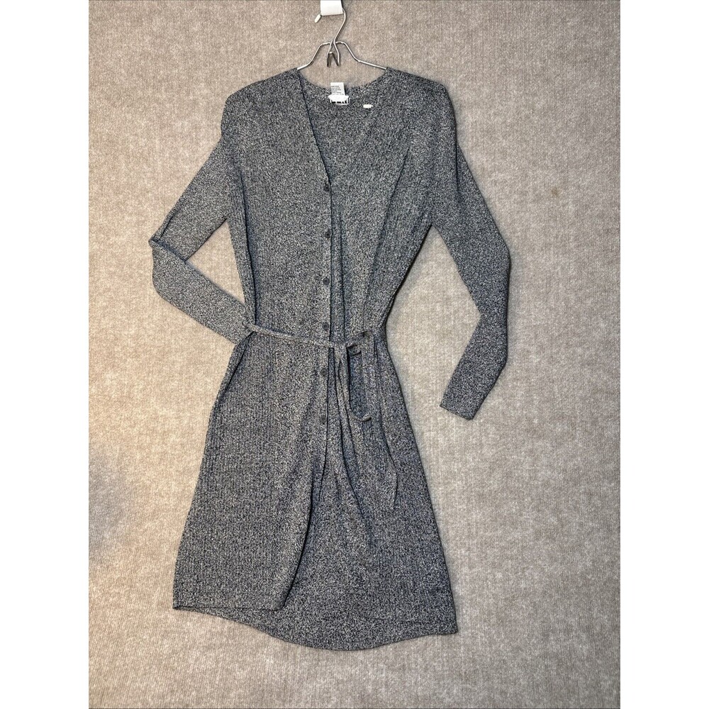 Clio Duster Cardigan Women Small Gray Short V-Neck Silk Button Up Long‎ Sleeve